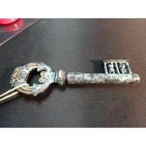 Vtg XL 6" Solid Brass SKELETON KEY Verdigris Patina CORKSCREW‎ Bar Corkscrew